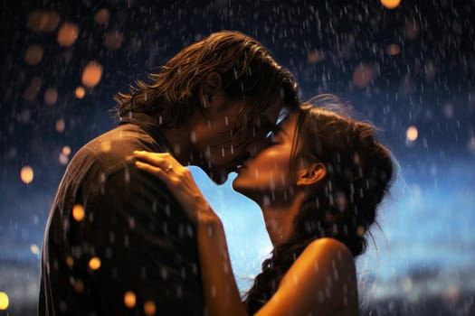 Passionate Couple kiss rain street. Love woman. Generate Ai