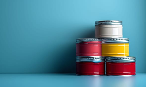Cans of paint on a blue background.