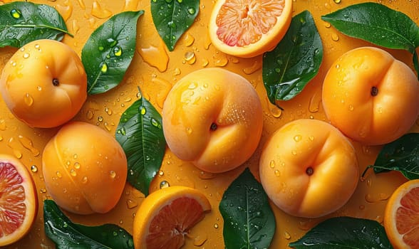 Apricots with leaves on a yellow background. Selective soft focus.