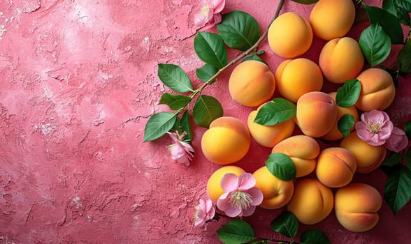 Ripe apricots with leaves on a pink background. Selective soft focus.