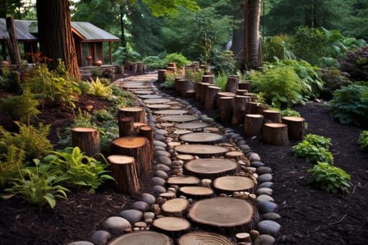 Serene Path round logs backyard. Garden travel. Generate Ai