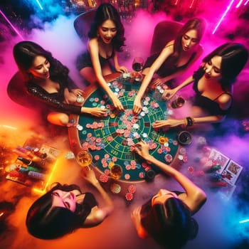 elegant women, dressed in stylish attire, are engaged in a game of craps at a bustling casino. They are focused on the dice as they roll, surrounded by the excitement of the game. AI generated