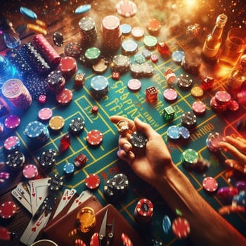 In the midst of a bustling casino, a table is adorned with stacks of colorful casino chips while neon lights flash and illuminate the scene, AI generated
