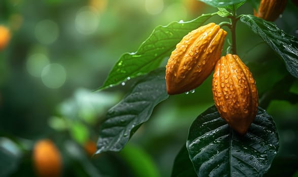 Tree branch with cocoa fruits on a blurred background. Selective soft focus.