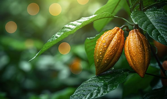 Tree branch with cocoa fruits on a blurred background. Selective soft focus.