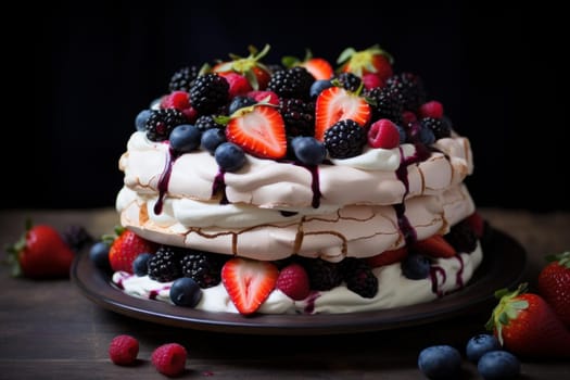 Fragrant Pavlova cake berries. White fruit bakery. Generate Ai