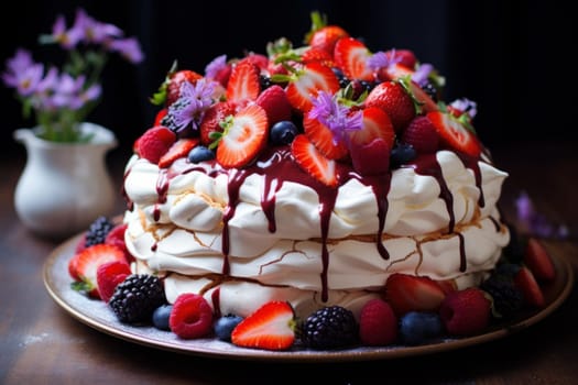 Colorful Pavlova cake berries kitchen. Cream fruit. Generate Ai