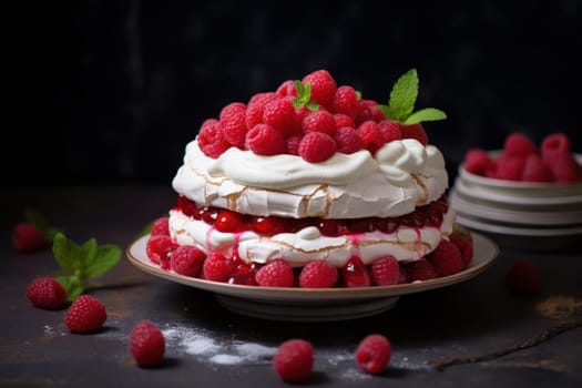 Tangy Pavlova cake raspberries. Fresh food. Generate Ai
