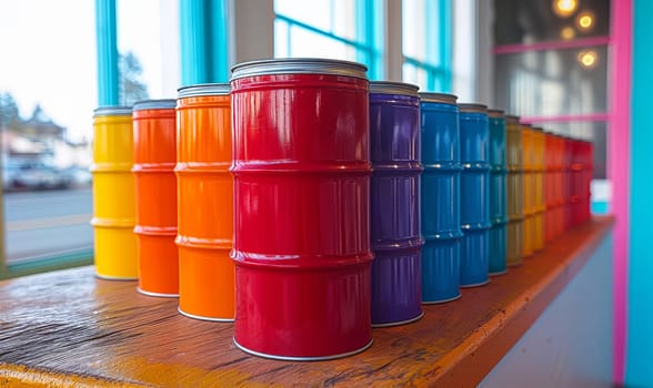 Cans of paint on a blurred background.
