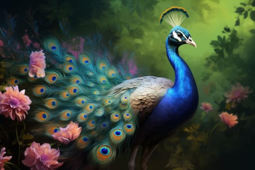 Ornamental Peacock bird art beauty. Nature tropical. Generate Ai