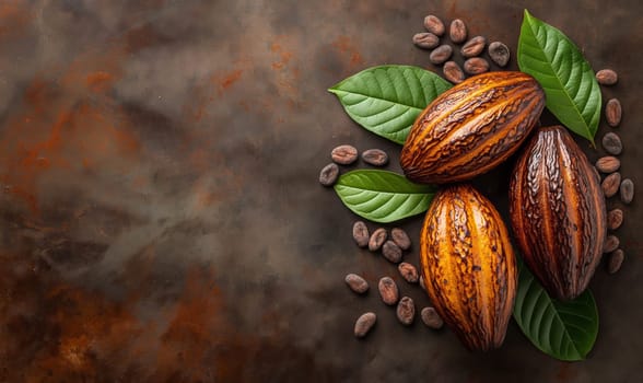 Cocoa fruits on a dark background. Selective soft focus.