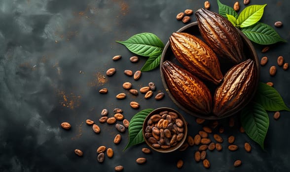 Cocoa fruits on a dark background. Selective soft focus.