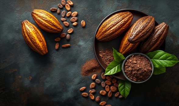 Cocoa fruits on a dark background. Selective soft focus.