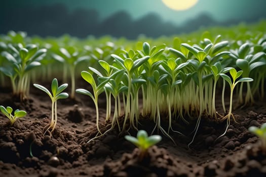 Abstract background from seedlings growing in the ground, warm spring. AI generated image.