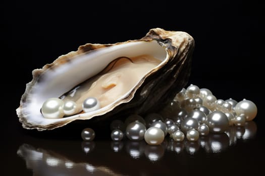 Fragile Pearls mussel shells. Marine oysters with luxury shiny jewelry pearl. Generate ai