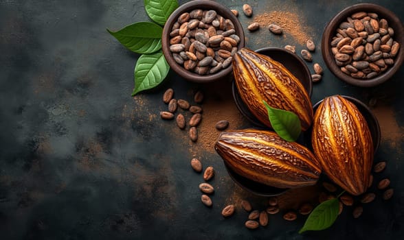 Cocoa fruits on a dark background. Selective soft focus.