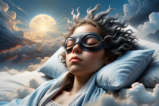 Cute baby sleeping on a pillow against an abstract sky background. AI generated image.