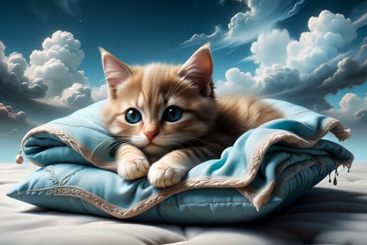 cute kitten sleeps on a pillow under a blanket. AI generated image.