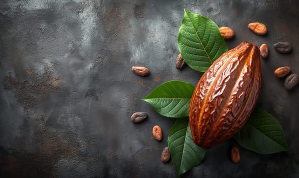 Cocoa fruits on a dark background. Selective soft focus.