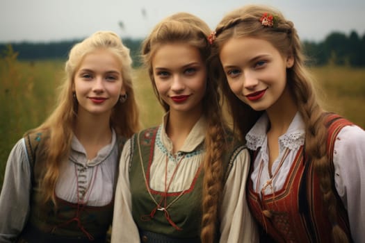 Humble Peasant rustic girls slavic. Rural costume female. Generate Ai