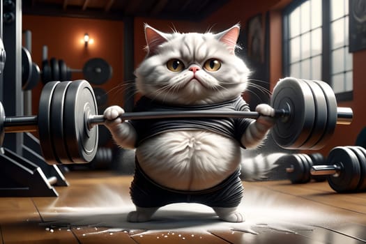 A fat cat in a T-shirt is doing sports in the gym .AI generated image.