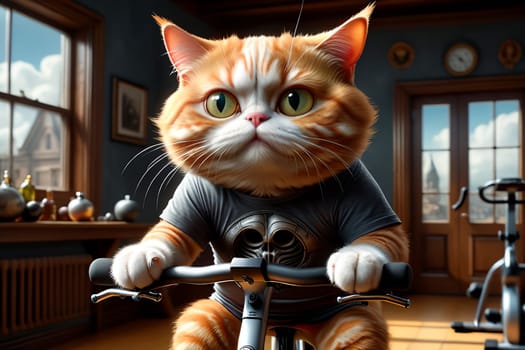 A fat cat in a T-shirt is doing sports in the gym .AI generated image.