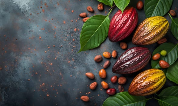 Cocoa fruits on a dark background. Selective soft focus.