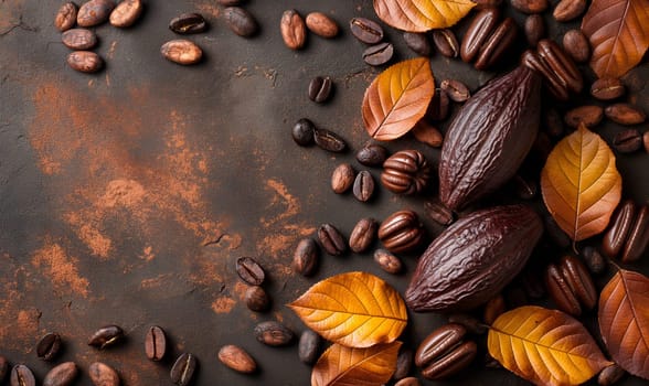 Cocoa fruits on a dark background. Selective soft focus.