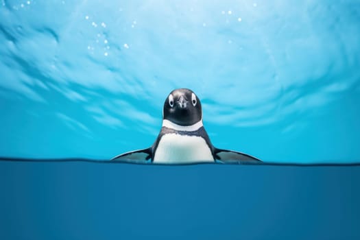 Picturesque Penguin blue background. Water sea beach. Generate Ai