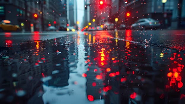 City street asphalt glistens with red automotive lighting reflected in a puddle of water under the rainy sky, creating a captivating urban scene