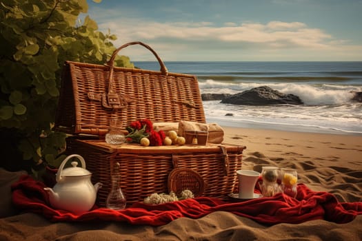 Charming Picnic basket beach. Sky party summer. Generate Ai