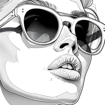 A monochrome illustration of a woman with sunglasses, emphasizing vision care and eyewear as a fashion accessory. Her jaw, mouth, and white font contrast with the goggles she is wearing