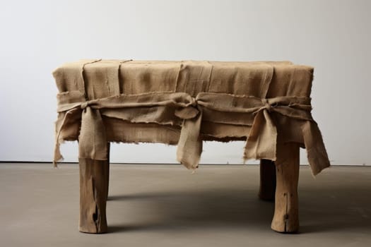 Rough Pieces burlap fabric wooden table. Linen cloth flax sack textile. Generate Ai
