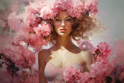 Feminine Pink flowers woman. Model happy. Generate Ai
