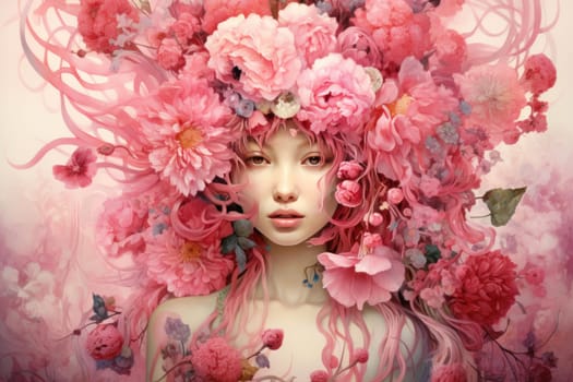 Floral Pink garden woman. Beautiful girl with summer colorful flowers. Generate ai