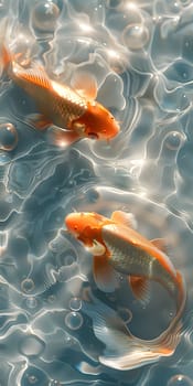 Two goldfish with electric blue tails are gracefully swimming in the liquid environment, showcasing the beauty of marine biology