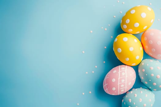 Various colorful Easter eggs are arranged on a blue surface.
