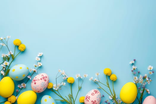 Colorful Easter eggs and flowers displayed on a vibrant blue background.