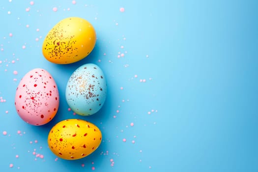 Colorful Easter eggs resting on a blue background.