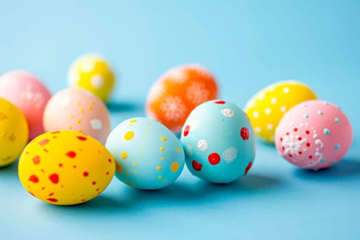 Several colorful Easter eggs with painted designs arranged neatly on a blue surface.