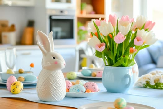 A table adorned with a vase filled with pink and white flowers, perfect for Easter decoration in the kitchen.