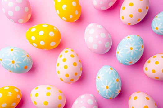 Assorted colorful Easter eggs arranged on a vibrant pink surface, creating a festive and vibrant display.