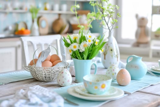 A wooden table adorned with a vase filled with colorful Easter flowers, creating a festive centerpiece.