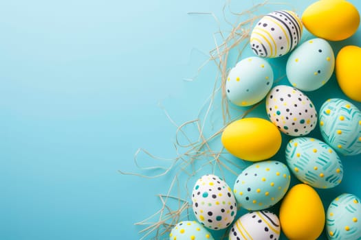 Various vibrant Easter eggs arranged in a bunch on a bright blue background.