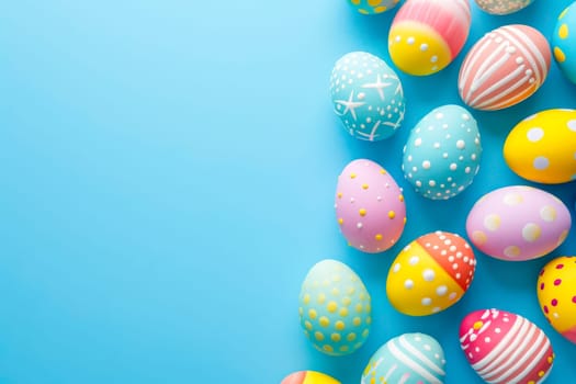 A collection of vibrant Easter eggs in various colors arranged on a blue background.
