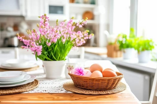 A basket filled with eggs placed next to a vase of colorful flowers on a table, perfect for Easter decoration.