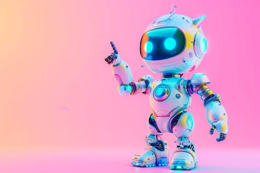 A robot holding a gun and pointing at something in the distance.