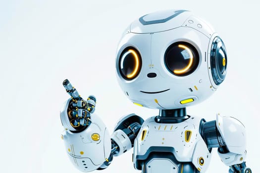 A positive cute robot with an outstretched arm pointing at something in front.