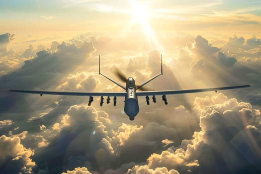 A military unmanned aerial vehicle flying high in the sky above thick clouds.