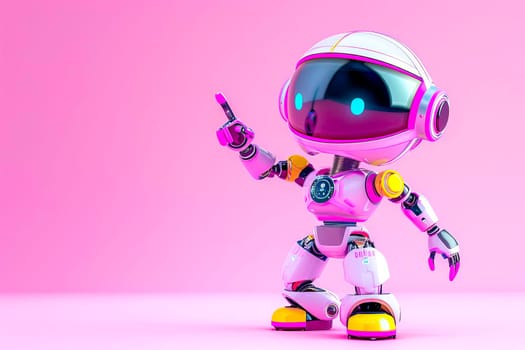 Pink robot is pointing at something.